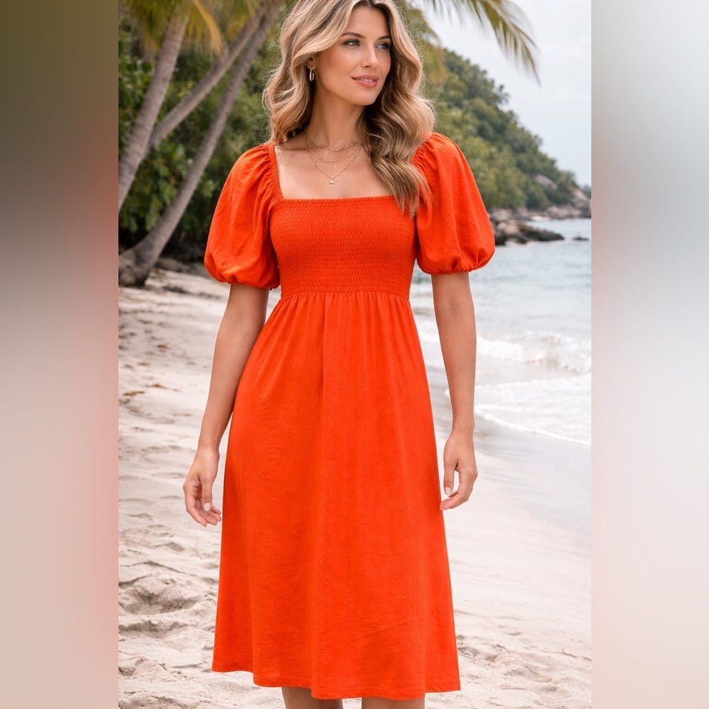NWT Free Assembly Puff Sleeve Maxi Dress XS Red Orange Coral